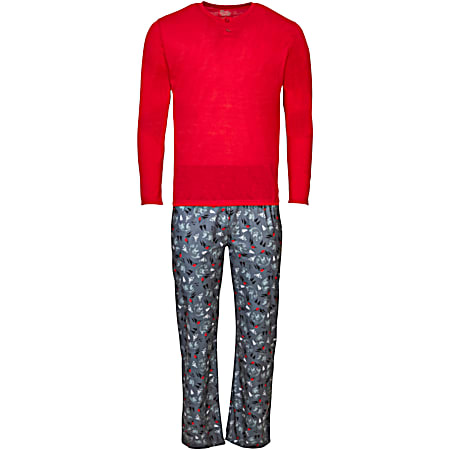 Men's Red 2-Button Long Sleeve Top & All-Over Print Brushed Microfleece Bottoms - 2 Pc.