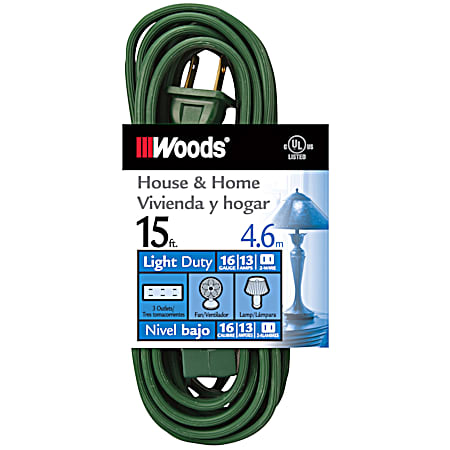 Woods 15 ft Green 16/2 SPT-2 Light-Duty Extension Cord