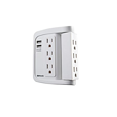 Woods White 6-Outlet 500 Joules Swivel Surge Tap w/ 2 USB Ports (Type A)