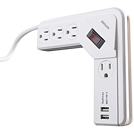 Woods White 4-Outlet 490 Joules Desktop Corner Surge Protector w/ 2 USB Ports (Type A)