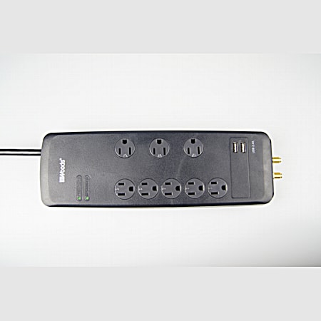 Woods Black 8-Outlet 3540 Joules Surge Strip w/ 2 USB Ports (Type A) & 6 ft Cord with Flat Plug