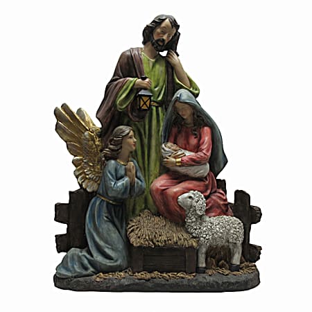 Resin Holy Family Nativity Scene By Fence w/ Kneeling Angel & Lamb