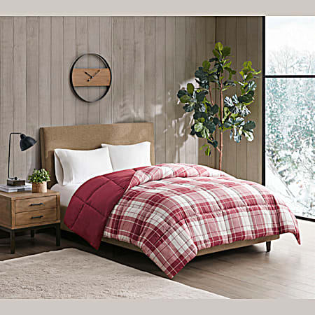 Printed to Solid Red Plaid Comforter w/ Anti-Microbial Treatment