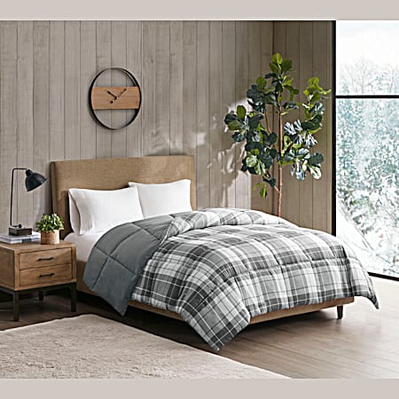 Printed to Solid Gray Plaid Comforter w/ Anti-Microbial Treatment