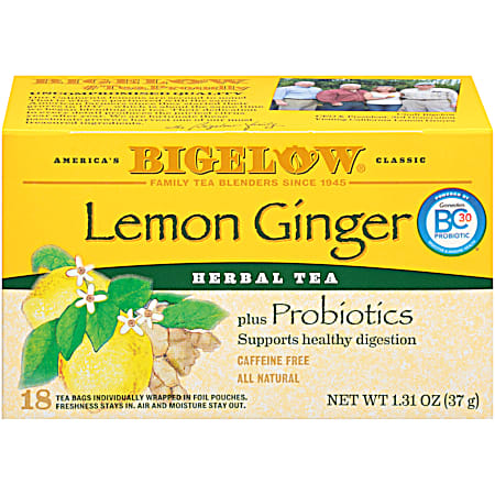 Bigelow Lemon Ginger Plus Probiotics Herbal Tea Bags - 18 pk