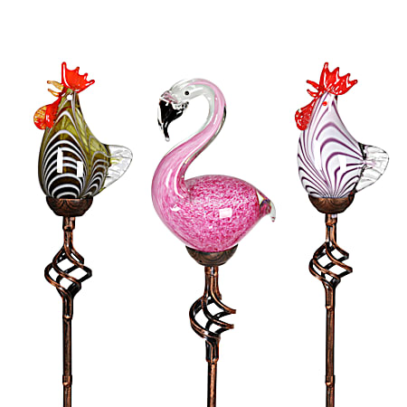 Solar Rooster/Flamingo Glass Garden Stake - Assorted