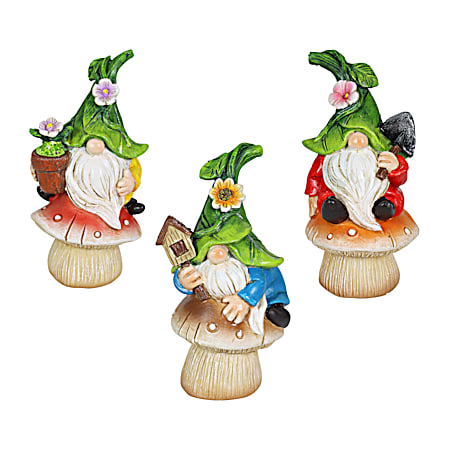 10 in Leaf Hat Gnome on Mushroom Statue - Assorted