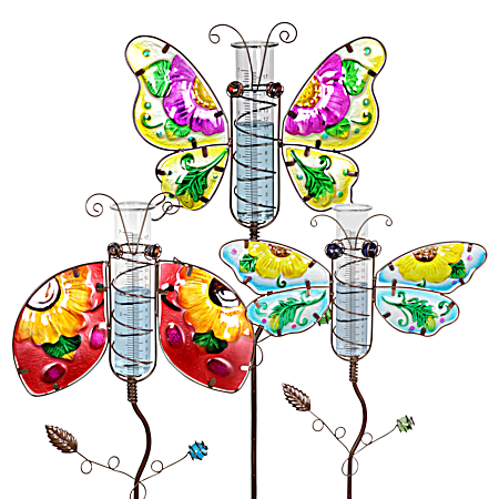 Metal & Glass Colorful Insect Rain Gauge Garden Stake - Assorted