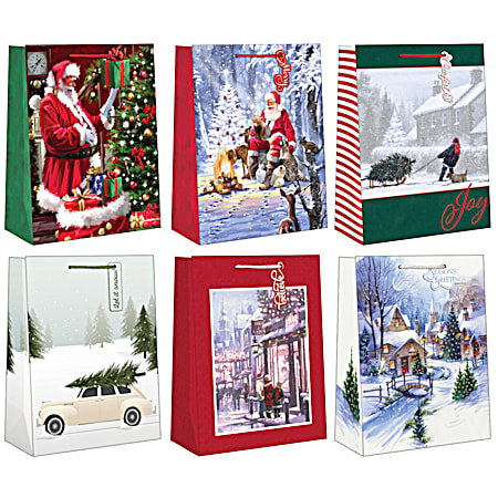 Traditional Christmas Scene Paper Gift Bag - Assorted