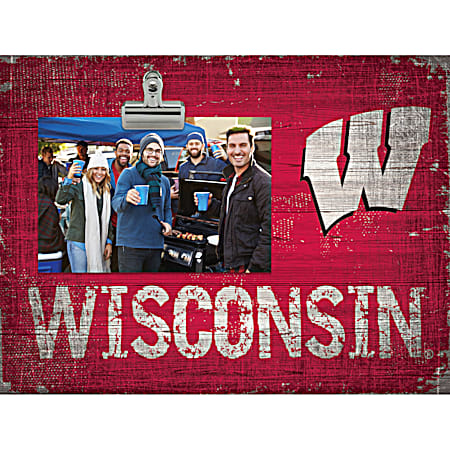 Wisconsin Badgers 1 Clip Distressed Wood Red Vintage Sign & Picture Holder