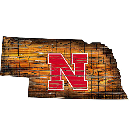 Fan Creations Nebraska Cornhuskers 24-in Red Distressed State Map w/ Logo Sign