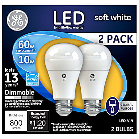 60W LED Soft White Light Bulb - 2 Pk