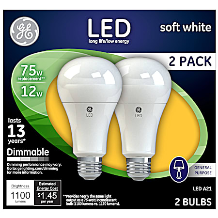 12W LED Soft White Light Bulb - 2 Pk.