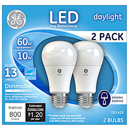 60W LED Daylight Light Bulb - 2 Pk