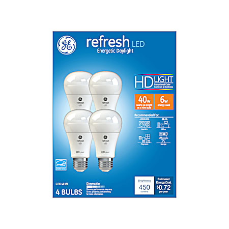 6W A19 Refresh LED 5000K Light Bulbs - 4 Pk