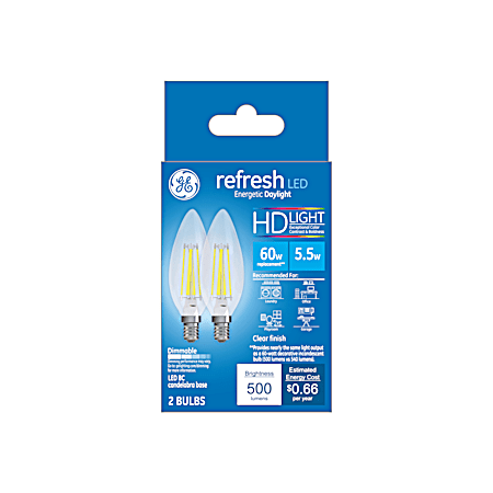 5.5W Refresh LED BC Daylight Clear Blunt Tip Decorative Bulbs - 2 Pk