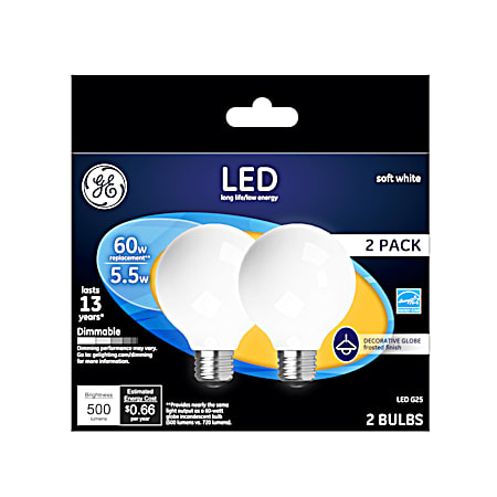 5.5W LED G25 Soft White Frosted Decorative Globe Light Bulb - 2 Pk