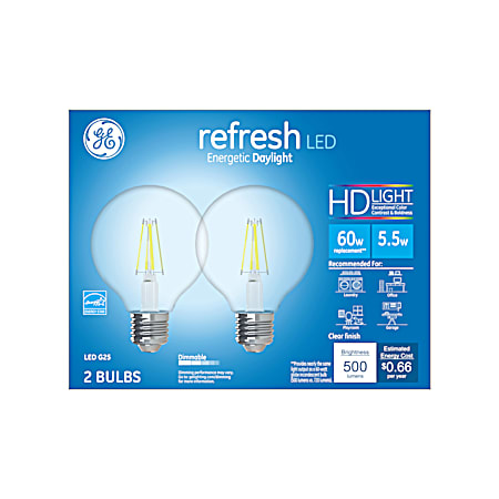 5.5W Refresh LED G25 Daylight Clear Globe Light Bulbs - 2 Pk
