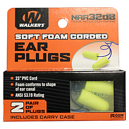 Walker's 2 Pairs Blue Corded Foam Plug w/ Plastic Case