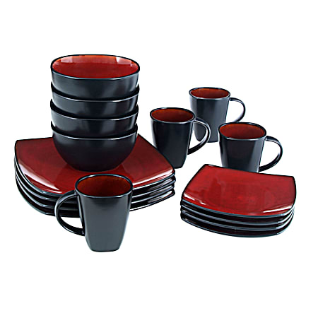 16 pc Red/Black Soho Lounge Soft Square Dinnerware Set