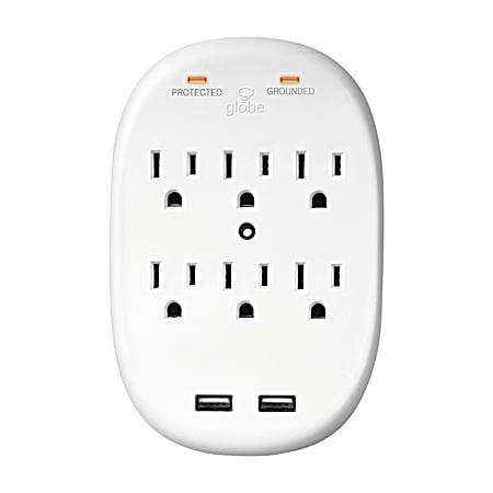 Globe Electric White 6-Outlet Wall Tap Surge Protection w/ 2 USB Charge Ports