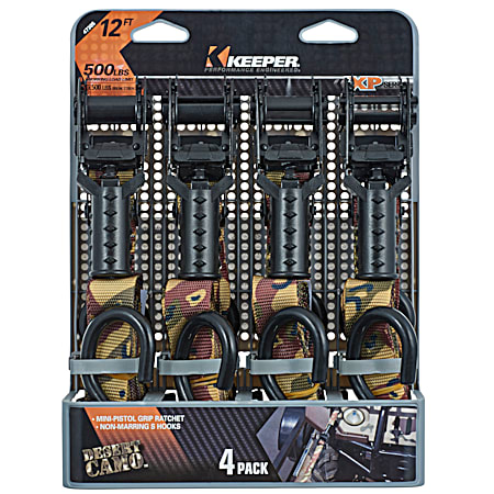 12 ft Desert Camo Mini-Pistol Grip Ratchet Tie-Downs - 4 Pk