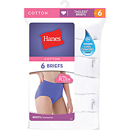 Women's Cool Comfort Tagless White Brief Panties - 6 Pk