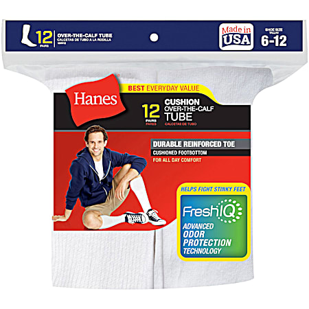 Hanes Men's White w/ Grey Sole Cushion Over-The-Calf Tube Socks - 12 Pk