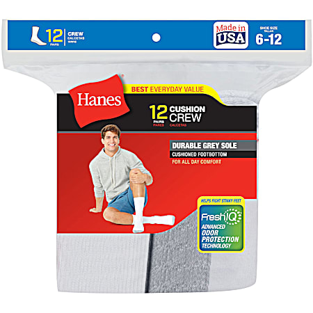 Hanes Men's White w/ Grey Sole Cushion Crew Socks - 12 Pk