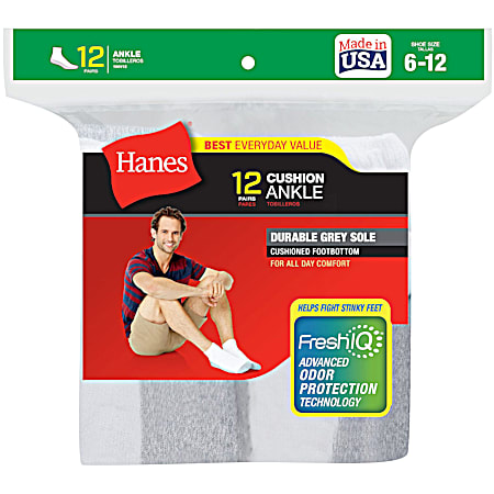 Hanes Men's White w/ Grey Sole Cushion Ankle Socks - 12 Pk