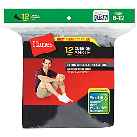 Hanes Men's Black Cushion Ankle Socks - 12 Pk