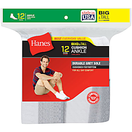 Hanes Men's Big & Tall White w/ Grey Sole Cushion Ankle Sock - 12 Pk