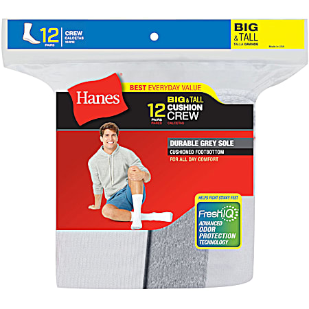 Hanes Men's Big & Tall White w/Grey Sole Cushion Crew Socks - 12 Pk