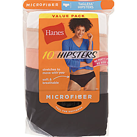 Women's Cool Comfort Microfiber Tagless Multi-Color Hipster Panties 10 Pk - Assorted