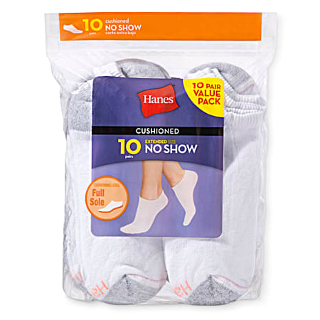 Ladies' Red Label w/Cool Comfort White Extended Size No Show Socks - 10 Pk