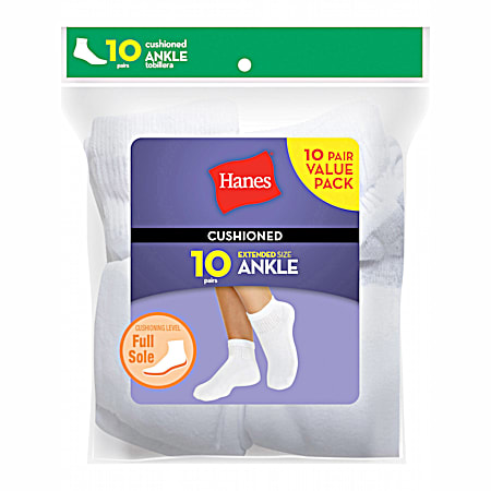 Hanes Ladies' Red Label w/Cool Comfort White Extended Size Ankle Socks - 10 Pk