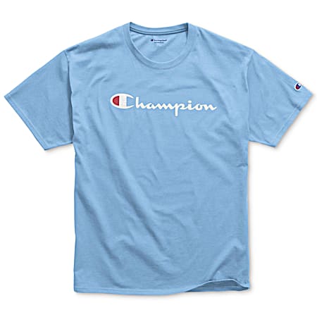 Champion Men's Classic Swiss Blue Logo Graphic Crew Neck Short Sleeve T-Shirt