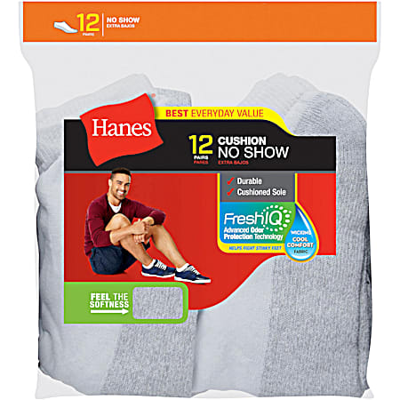 Hanes Men's Big & Tall White w/Grey Footbed Cushion No Show Socks - 12 Pk