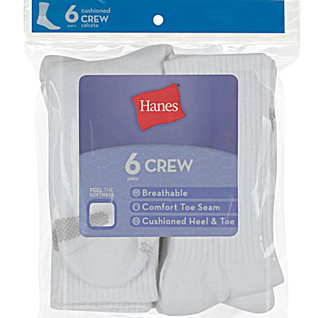Hanes Ladies' White Extended Size Cushioned Crew Socks - 6 Pk