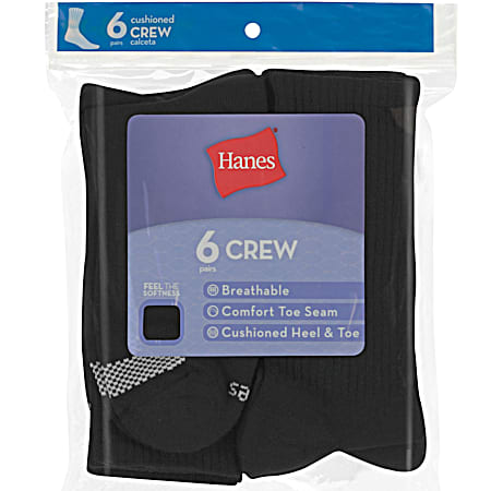 Hanes Ladies' Black Cushioned Crew Socks - 6 Pk