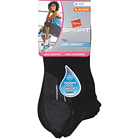 Ladies' Black Extended Size Cushioned No Show Socks - 6 Pk