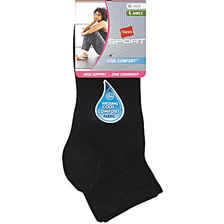 Ladies' Black Extended Size Sport Cushioned Ankle Socks - 6 Pk