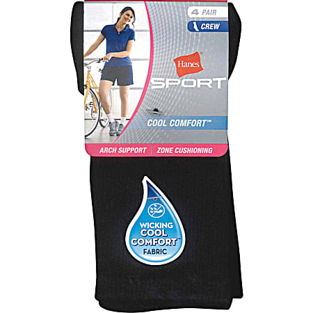 Hanes Ladies' Black Sport Cool Comfort Crew Socks - 4 Pk