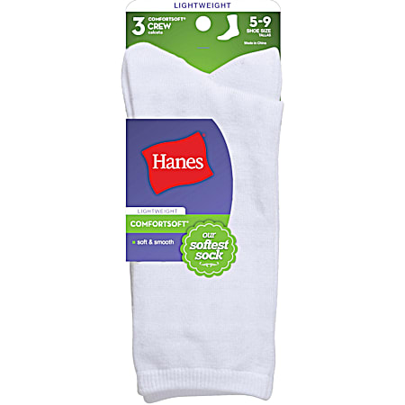 Hanes Ladies' White Lightweight Comfortsoft Crew Socks - 3 Pk
