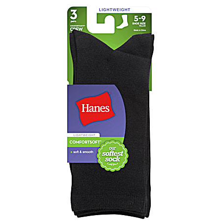 Hanes Ladies' Black Lightweight Comfortsoft Crew Socks - 3 Pk