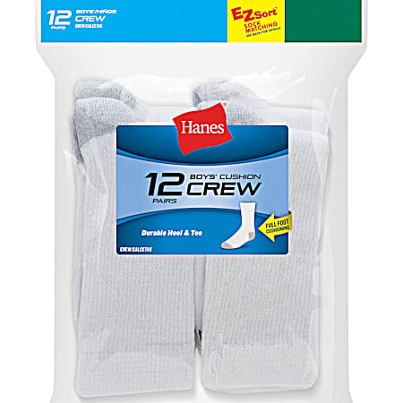 Hanes Boys' White Cushion Crew Socks - 12 Pk