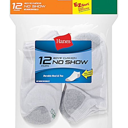 Hanes Boys' White Cushion No Show Socks - 12 Pk