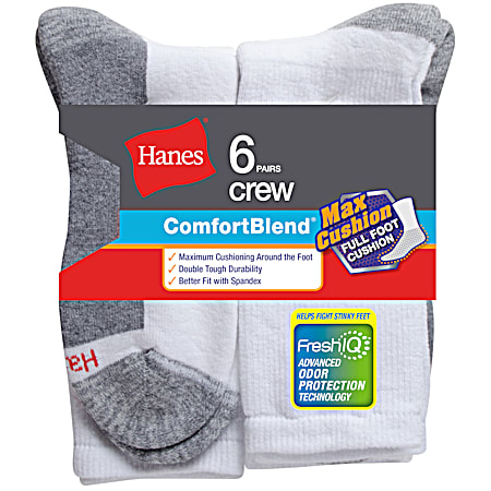 Hanes Men's White w/Dark Grey Footbed Cushion Crew Socks - 6 Pk
