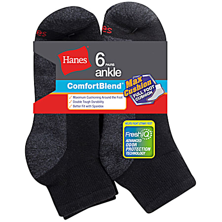 Hanes Men's Black w/Dark Grey Footbed Cushion Ankle Socks - 6 Pk
