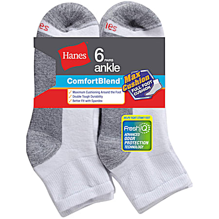Hanes Men's White w/Dark Grey Footbed Cushion Ankle Socks - 6 Pk